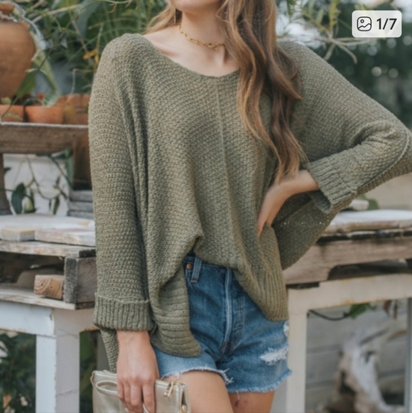 EUC✨ WISHLIST green open-knit oversized M/L v-neck sweater - Picture 2 of 16